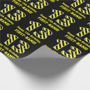 Papier Cadeau Noir & Jaune rayé "13"; 13e anniversaire + nom