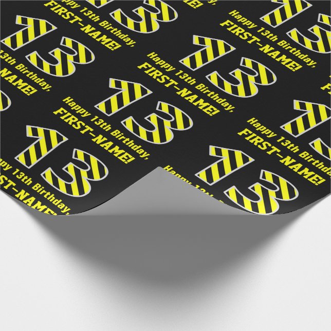 Papier Cadeau Noir & Jaune rayé "13"; 13e anniversaire + nom (Coin)