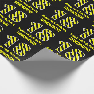 Papier Cadeau Noir & Jaune rayé "18"; 18e anniversaire + nom
