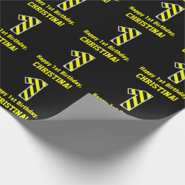 Papier Cadeau Noir & Jaune rayé "1"; 1er anniversaire + nom