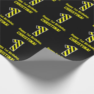 Papier Cadeau Noir & Jaune rayé "1"; 1er anniversaire + nom