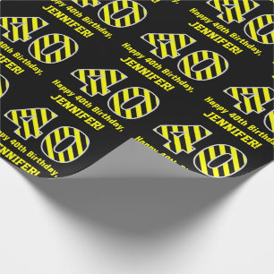 Papier Cadeau Noir & Jaune rayé "40"; 40e anniversaire + nom