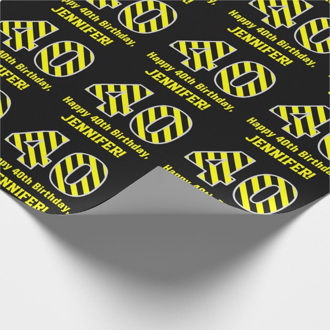 Papier Cadeau Noir & Jaune rayé "40"; 40e anniversaire + nom (Coin)