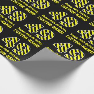 Papier Cadeau Noir & Jaune rayé "49"; 49e anniversaire + nom