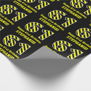 Papier Cadeau Noir & Jaune rayé "61"; 61e anniversaire + nom