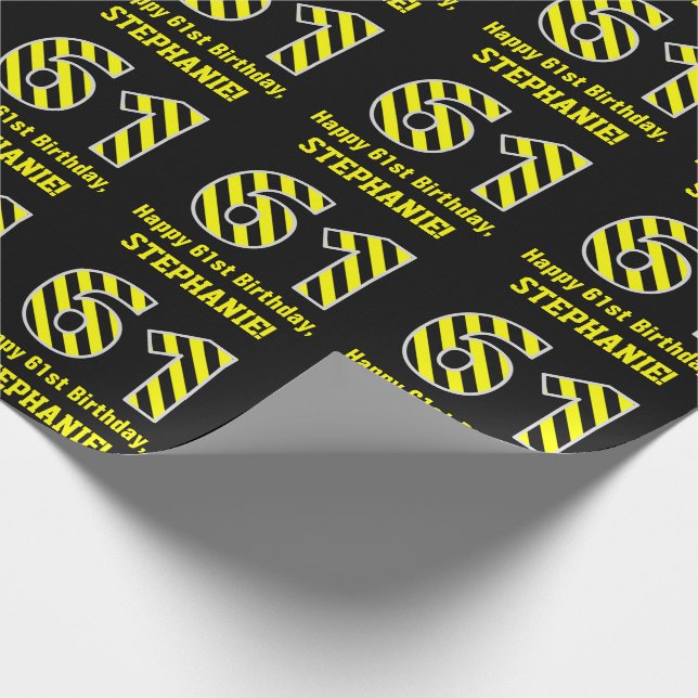 Papier Cadeau Noir & Jaune rayé "61"; 61e anniversaire + nom (Coin)