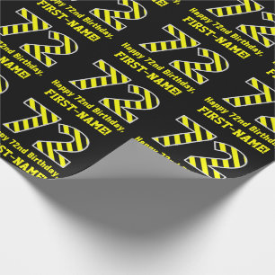 Papier Cadeau Noir & Jaune rayé "72"; 72e anniversaire + nom