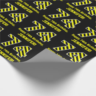 Papier Cadeau Noir & Jaune rayé "74"; 74e anniversaire + nom