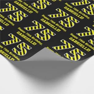 Papier Cadeau Noir & Jaune rayé "75"; 75e anniversaire + nom