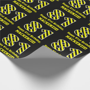 Papier Cadeau Noir & Jaune rayé "81"; 81e anniversaire + nom
