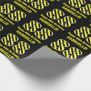 Papier Cadeau Noir & Jaune rayé "88"; 88e anniversaire + nom