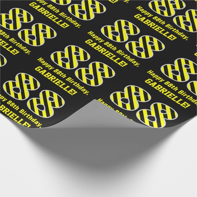 Papier Cadeau Noir & Jaune rayé "88"; 88e anniversaire + nom (Coin)