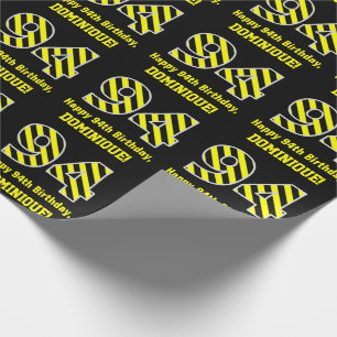 Papier Cadeau Noir & Jaune rayé "94"; 94e anniversaire + nom