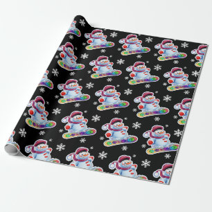 Papier Cadeau Noir mat de bonhomme de neige de snowboarding