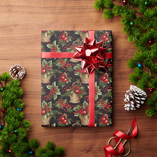 Papier Cadeau Noir Noël Motif botanique moderne (Cadeau de vacances)