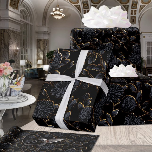 Papier Cadeau Noir & Or Lune Dahlias Floral Élégant (Créateur téléchargé)