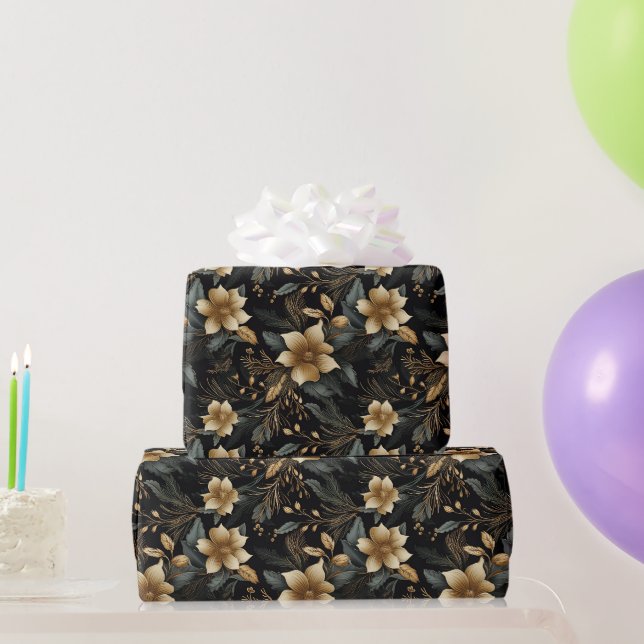 Papier Cadeau Noir or Noël Floral Blanc Poinsettia (Cadeaux de fête)