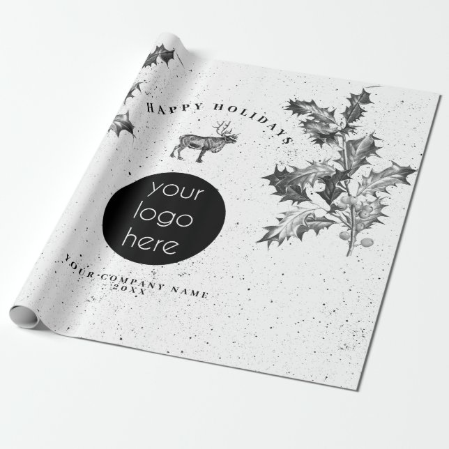 Papier Cadeau Noir Rustique Blanc Vacances Affaires Logo Noël (Déroulé)