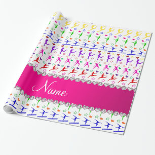 Papier Cadeau Nom blanc rose arc-en-ciel gymnastique coeurs étoi