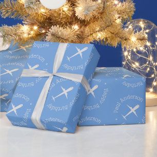 Papier Cadeau Nom customisé Avion Enfants Joyeux Anniversaire bl