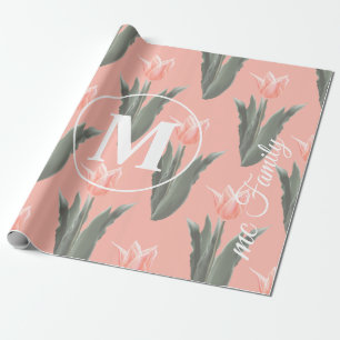 Papier Cadeau Nom de famille élégant Monogramme Tulipes pêche Pe