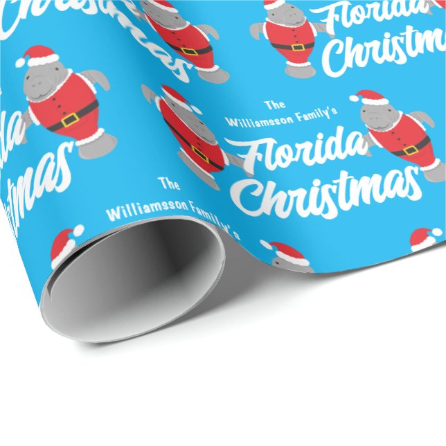 Papier Cadeau Nom de famille Florida Manatee Noël (Coin rond)