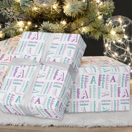 Papier Cadeau Nom de répétition et cadeau Turquoise initial gris