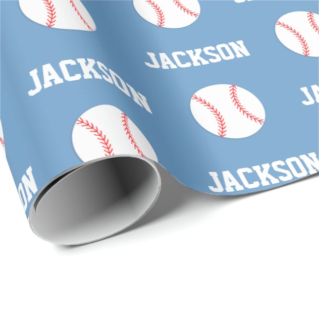 Papier Cadeau Nom du baseball Motif Bleu (Coin rond)