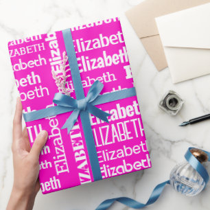 Papier Cadeau Nom ELIZABETH Blanc Sur Rose