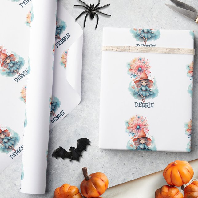 Papier Cadeau Nom mignon Fille Sorcière rose Aquarelle Halloween (Créateur téléchargé)