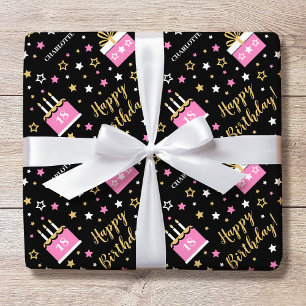 Papier Cadeau Nom personnalisé Âge Anniversaire Gâteau Rose Noir