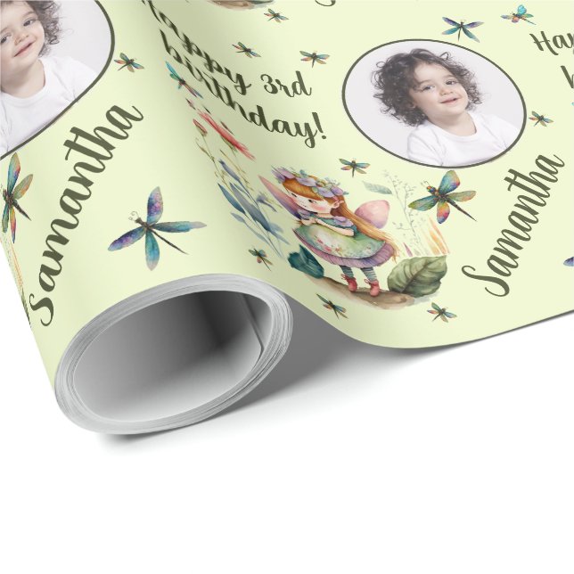 Papier Cadeau Nom personnalisé Âge photo Magique Fée Anniversair (Coin rond)