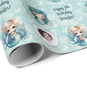 Papier Cadeau Nom personnalisé Âge Photo Sirène Anniversaire