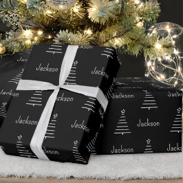Papier Cadeau Nom personnalisé Arbre de Noël noir et blanc