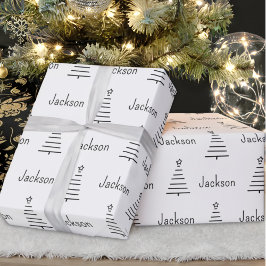 Papier Cadeau Nom personnalisé Arbre de Noël noir et blanc