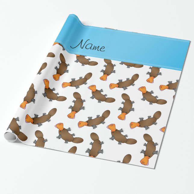 Papier Cadeau Nom personnalisé blanc platypus motif (Déroulé)