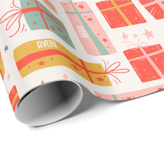 Papier Cadeau Nom personnalisé Boho présente Noël Motif (Coin rond)