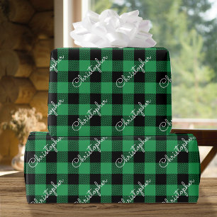 Papier Cadeau Nom personnalisé Buffalo Plaid Christmas Green