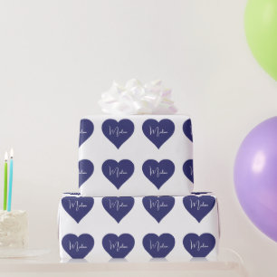 Papier Cadeau Nom personnalisé Coeur bleu foncé personnalisé