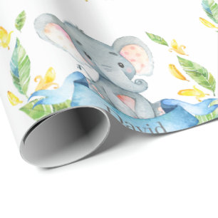 Papier Cadeau Nom personnalisé Elephant Baby Boy Bleu et gris