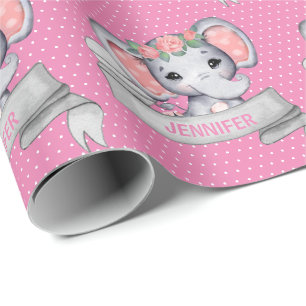 Papier Cadeau Nom personnalisé Elephant Baby Girl rose