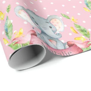 Papier Cadeau Nom personnalisé Eléphant Baby Girl rose et gris