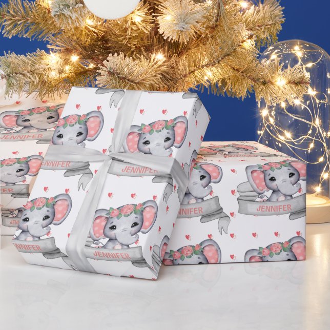 Papier Cadeau Nom personnalisé Elephant Bébé rose Coeurs de fill (Vacances)