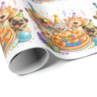 Papier Cadeau Nom personnalisé Fête d'anniversaire Pizza Animaux