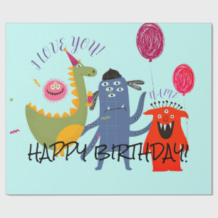 Papier Cadeau NOM PERSONNALISÉ HAPPY MONSTER BIRTHDAY Wrapping P