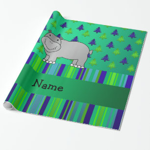 Papier Cadeau Nom personnalisé hippo vert bleu rayures