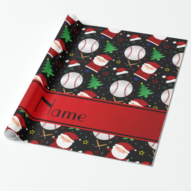 Papier Cadeau Nom personnalisé noël de baseball noir (Déroulé)