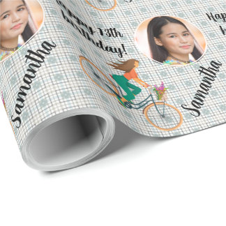 Papier Cadeau Nom personnalisé Photo Age Girl sur Pedal Bike