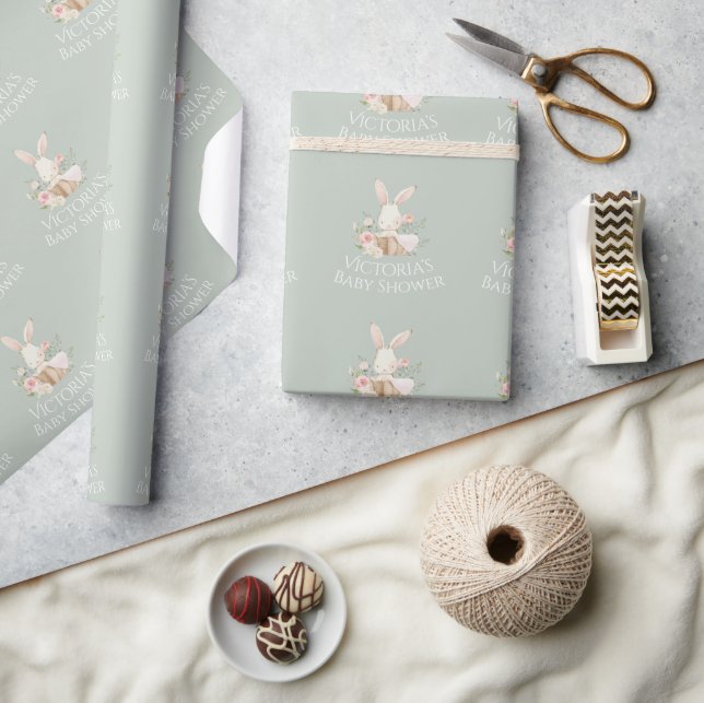 Papier Cadeau Nom personnalisé Sage Green Bunny Baby shower (Artisanat)