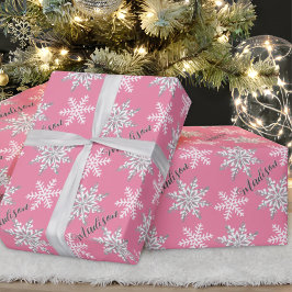 Papier Cadeau Nom personnalisé Silver Snowflake cadeau rose